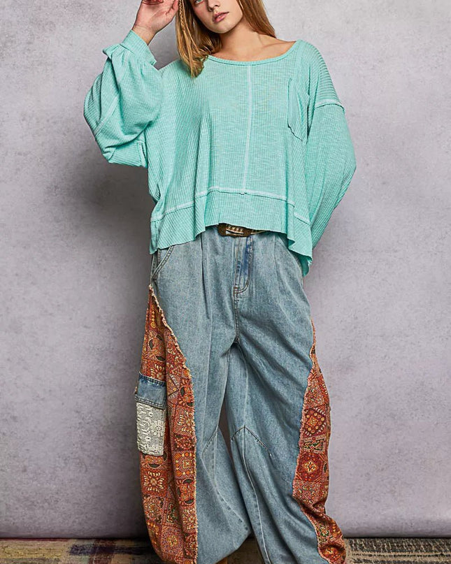POL Round Neck Long Sleeve Exposed Seam Top with Chest Pocket - Sleekdenim.com