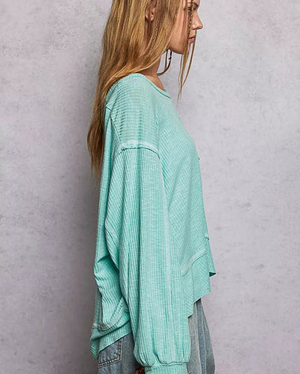 POL Round Neck Long Sleeve Exposed Seam Top with Chest Pocket - Sleekdenim.com