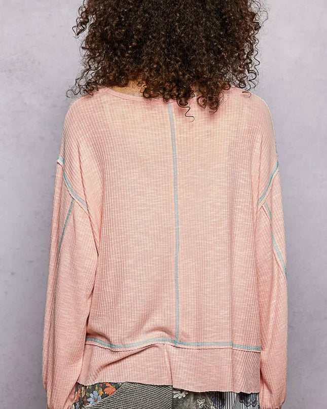 POL Round Neck Long Sleeve Exposed Seam Top with Chest Pocket - Sleekdenim.com