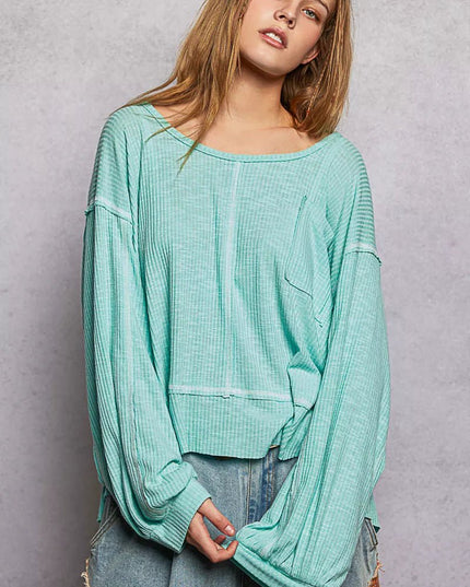 POL Round Neck Long Sleeve Exposed Seam Top with Chest Pocket - Sleekdenim.com