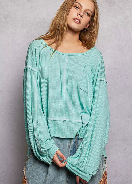 POL Round Neck Long Sleeve Exposed Seam Top with Chest Pocket - Sleekdenim.com