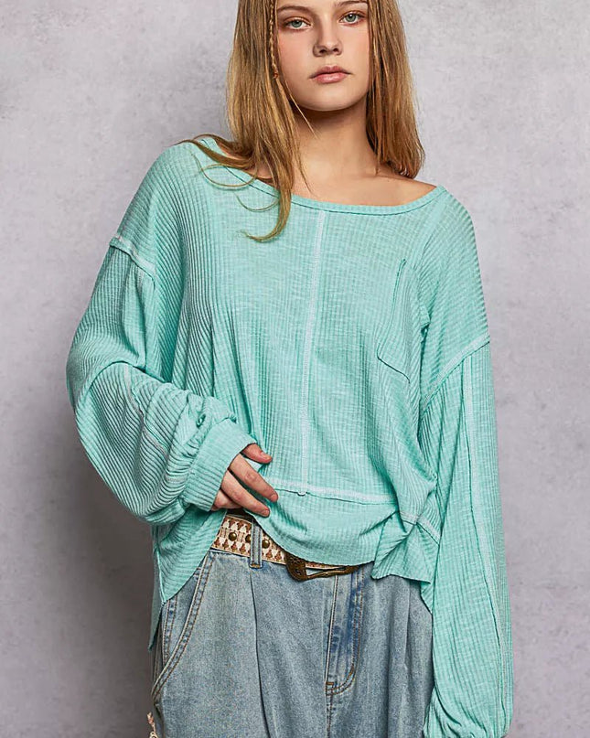 POL Round Neck Long Sleeve Exposed Seam Top with Chest Pocket - Sleekdenim.com
