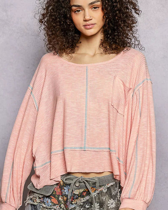 POL Round Neck Long Sleeve Exposed Seam Top with Chest Pocket - Sleekdenim.com