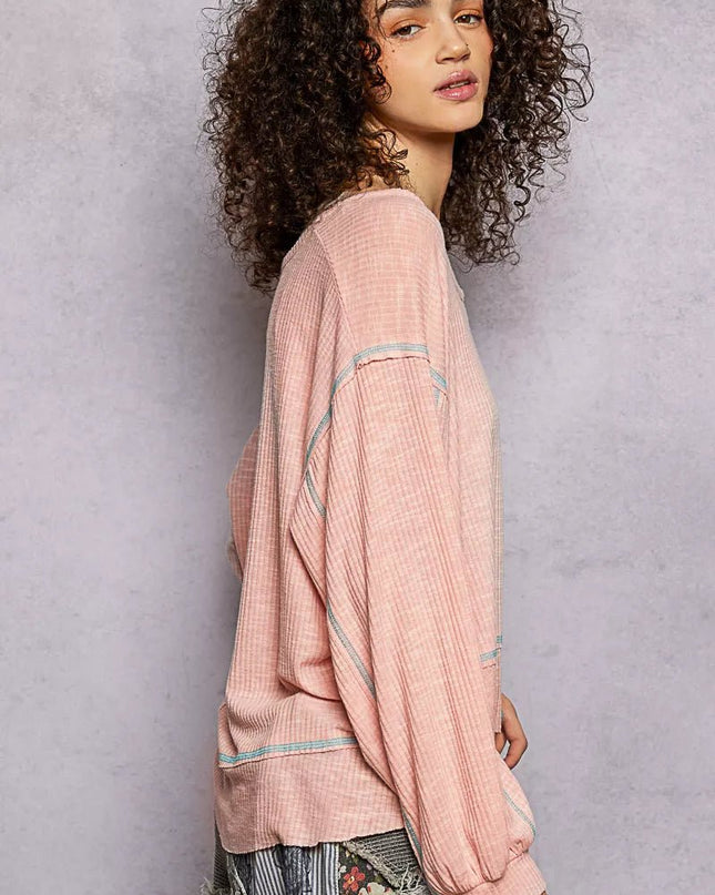 POL Round Neck Long Sleeve Exposed Seam Top with Chest Pocket - Sleekdenim.com