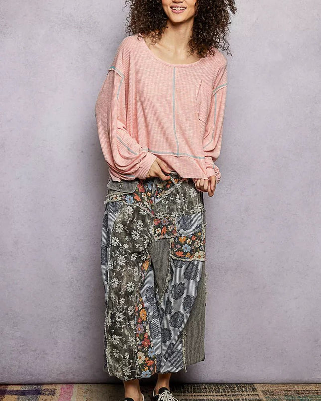 POL Round Neck Long Sleeve Exposed Seam Top with Chest Pocket - Sleekdenim.com