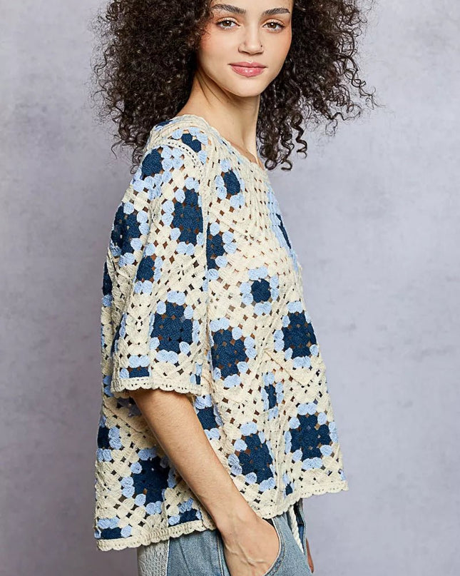 POL Round Neck Short Sleeve Color Pattern Crochet Top with Border Accents - Sleekdenim.com