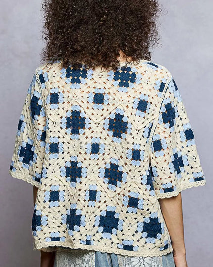 POL Round Neck Short Sleeve Color Pattern Crochet Top with Border Accents - Sleekdenim.com