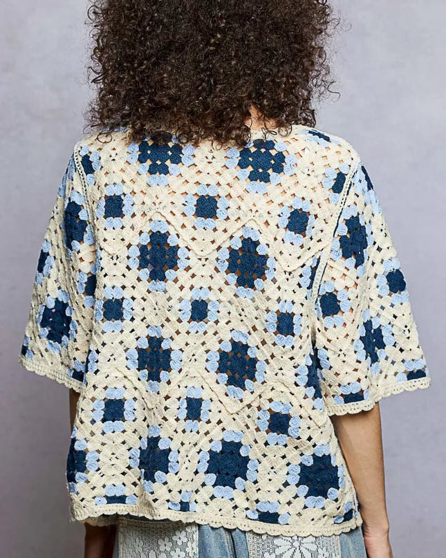 POL Round Neck Short Sleeve Color Pattern Crochet Top with Border Accents - Sleekdenim.com