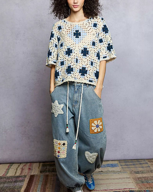 POL Round Neck Short Sleeve Color Pattern Crochet Top with Border Accents - Sleekdenim.com