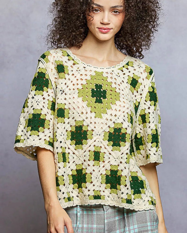 POL Round Neck Short Sleeve Color Pattern Crochet Top with Border Accents - Sleekdenim.com