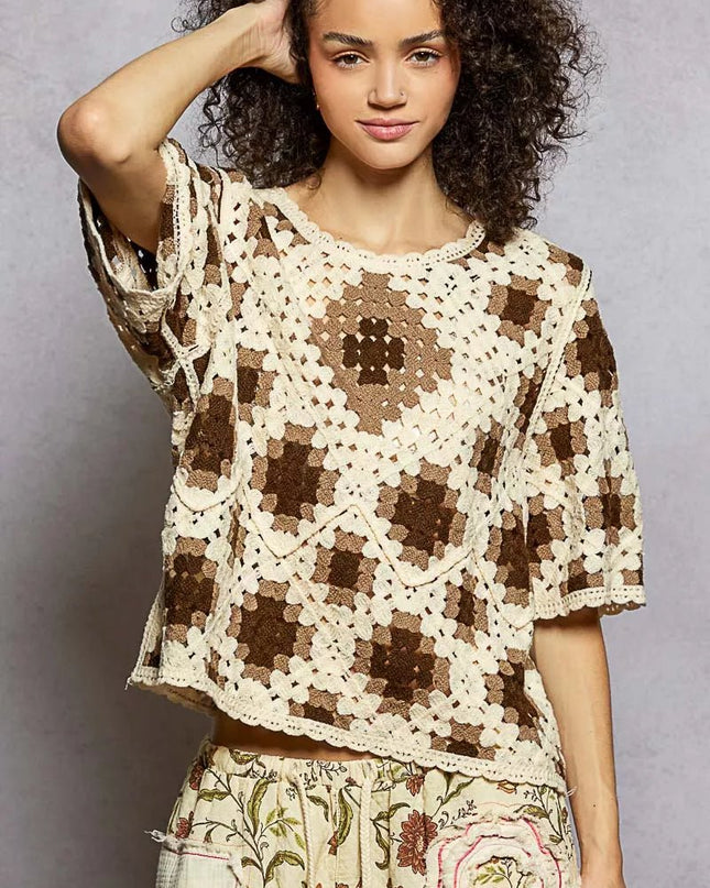 POL Round Neck Short Sleeve Color Pattern Crochet Top with Border Accents - Sleekdenim.com