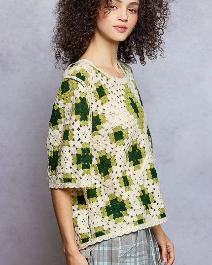 POL Round Neck Short Sleeve Color Pattern Crochet Top with Border Accents - Sleekdenim.com