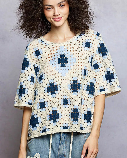 POL Round Neck Short Sleeve Color Pattern Crochet Top with Border Accents - Sleekdenim.com