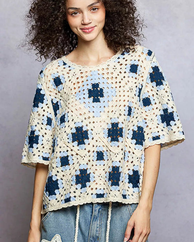 POL Round Neck Short Sleeve Color Pattern Crochet Top with Border Accents - Sleekdenim.com