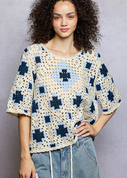 POL Round Neck Short Sleeve Color Pattern Crochet Top with Border Accents - Sleekdenim.com
