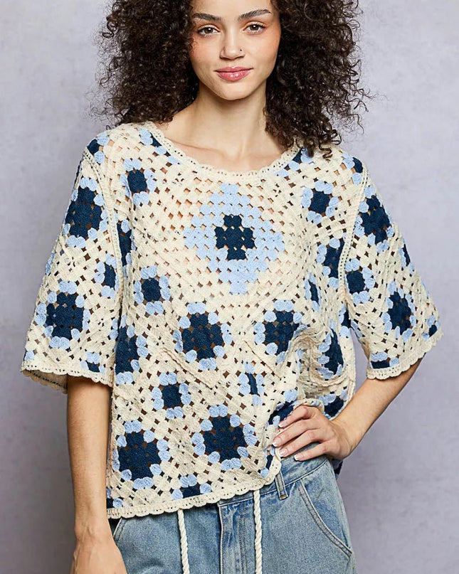 POL Round Neck Short Sleeve Color Pattern Crochet Top with Border Accents - Sleekdenim.com