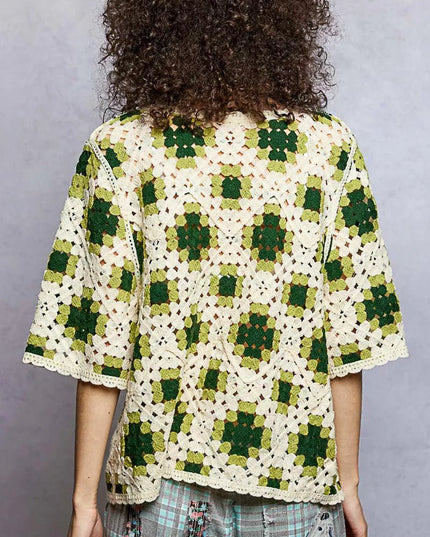 POL Round Neck Short Sleeve Color Pattern Crochet Top with Border Accents - Sleekdenim.com