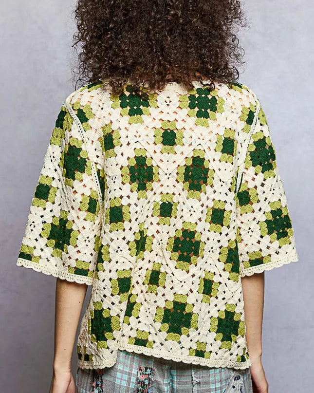 POL Round Neck Short Sleeve Color Pattern Crochet Top with Border Accents - Sleekdenim.com