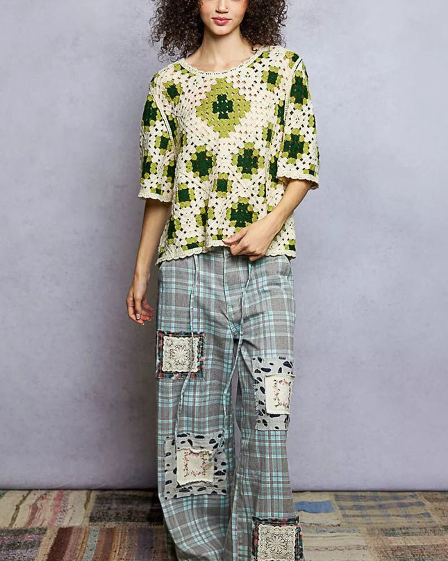 POL Round Neck Short Sleeve Color Pattern Crochet Top with Border Accents - Sleekdenim.com