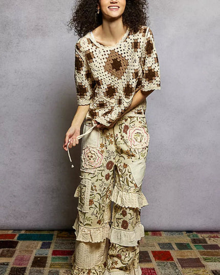 POL Round Neck Short Sleeve Color Pattern Crochet Top with Border Accents - Sleekdenim.com