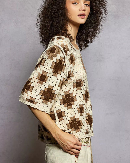 POL Round Neck Short Sleeve Color Pattern Crochet Top with Border Accents - Sleekdenim.com