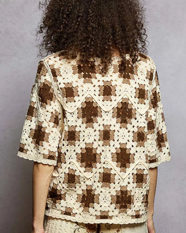 POL Round Neck Short Sleeve Color Pattern Crochet Top with Border Accents - Sleekdenim.com