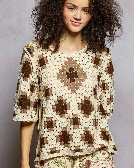 POL Round Neck Short Sleeve Color Pattern Crochet Top with Border Accents - Sleekdenim.com