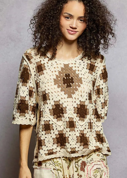 POL Round Neck Short Sleeve Color Pattern Crochet Top with Border Accents - Sleekdenim.com