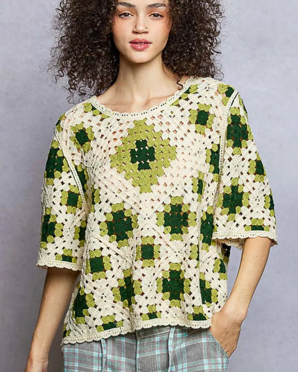 POL Round Neck Short Sleeve Color Pattern Crochet Top with Border Accents - Sleekdenim.com