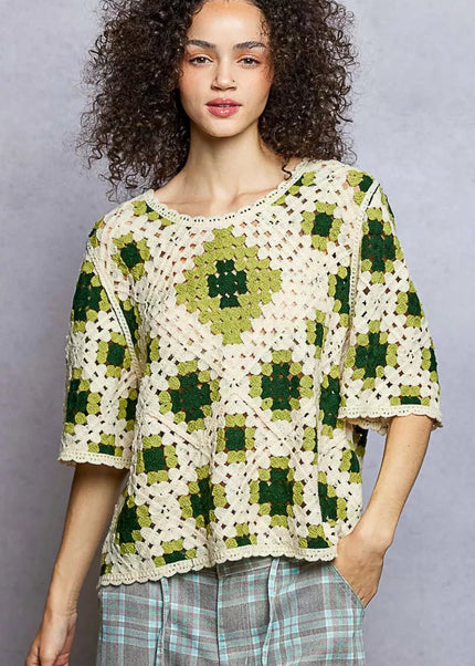 POL Round Neck Short Sleeve Color Pattern Crochet Top with Border Accents - Sleekdenim.com