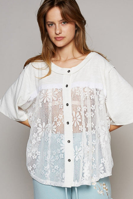 POL Round Neck Short Sleeve Lace Top - Sleekdenim.com