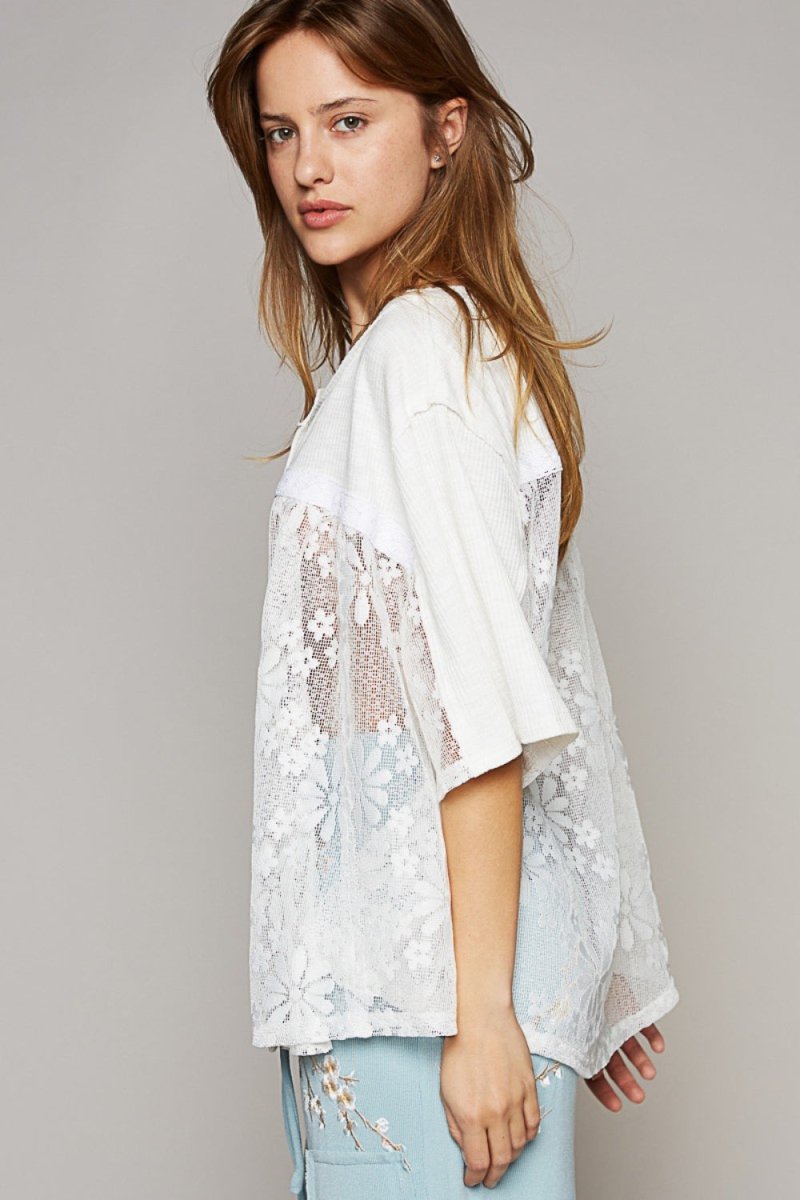 POL Round Neck Short Sleeve Lace Top - Sleekdenim.com