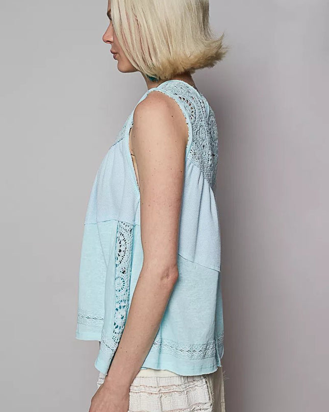 POL Round Neck Sleeveless Top with Crochet Contrast - Sleekdenim.com