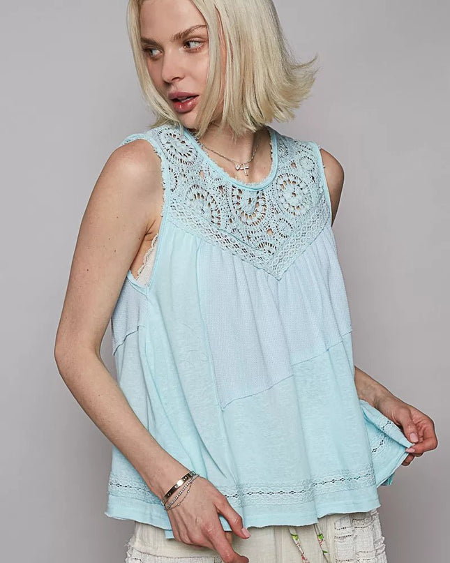 POL Round Neck Sleeveless Top with Crochet Contrast - Sleekdenim.com