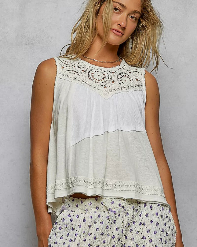 POL Round Neck Sleeveless Top with Crochet Contrast - Sleekdenim.com