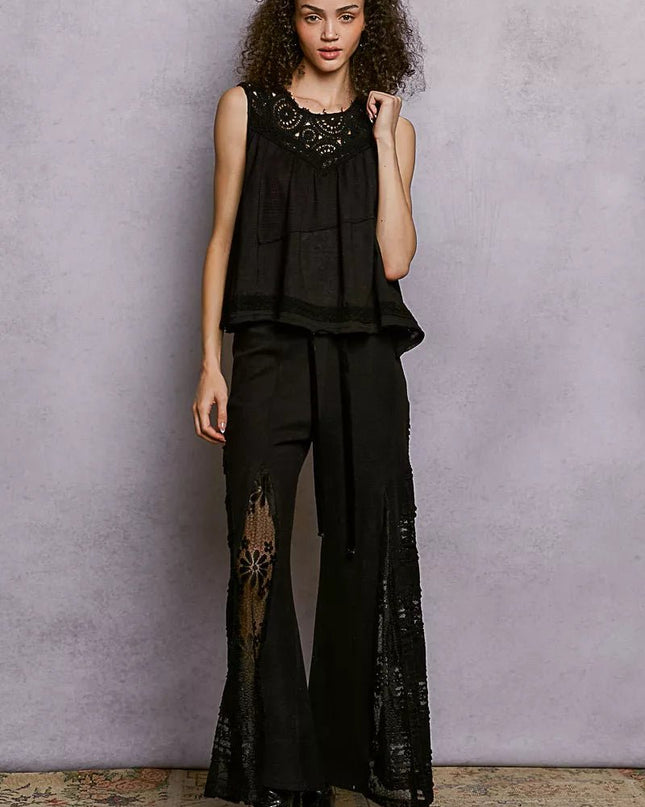 POL Round Neck Sleeveless Top with Crochet Contrast - Sleekdenim.com