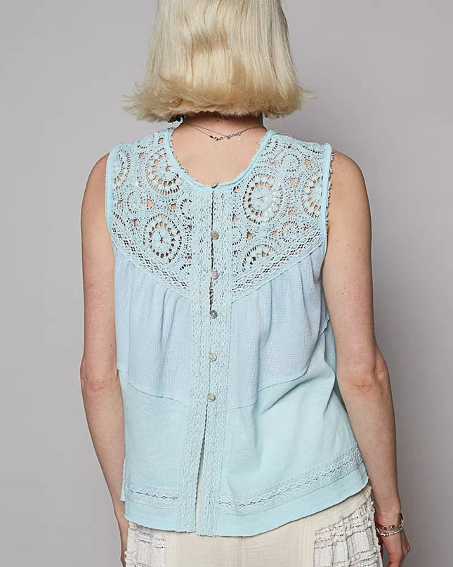 POL Round Neck Sleeveless Top with Crochet Contrast - Sleekdenim.com
