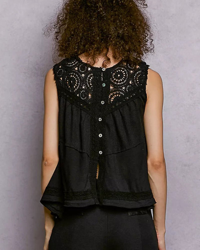 POL Round Neck Sleeveless Top with Crochet Contrast - Sleekdenim.com