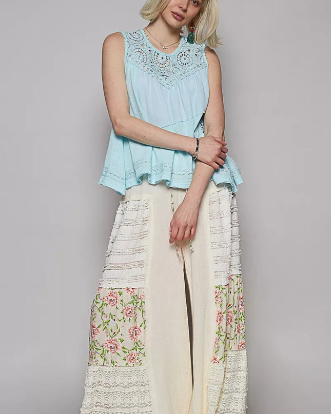 POL Round Neck Sleeveless Top with Crochet Contrast - Sleekdenim.com