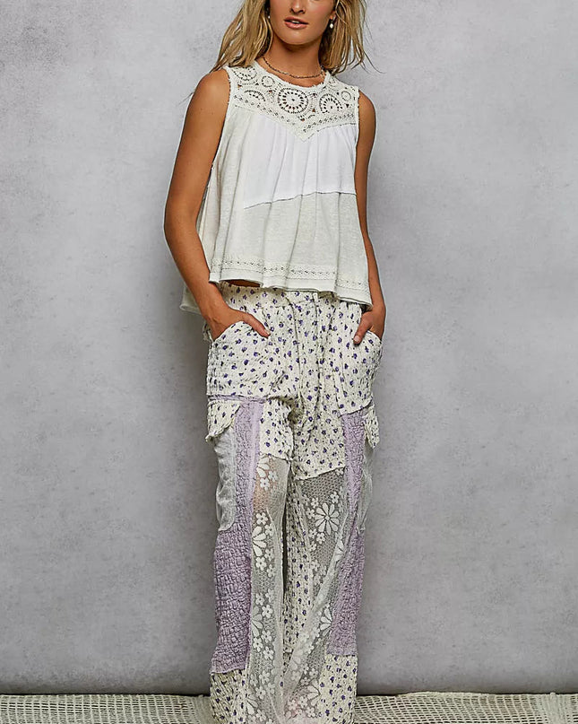 POL Round Neck Sleeveless Top with Crochet Contrast - Sleekdenim.com