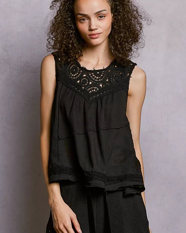 POL Round Neck Sleeveless Top with Crochet Contrast - Sleekdenim.com