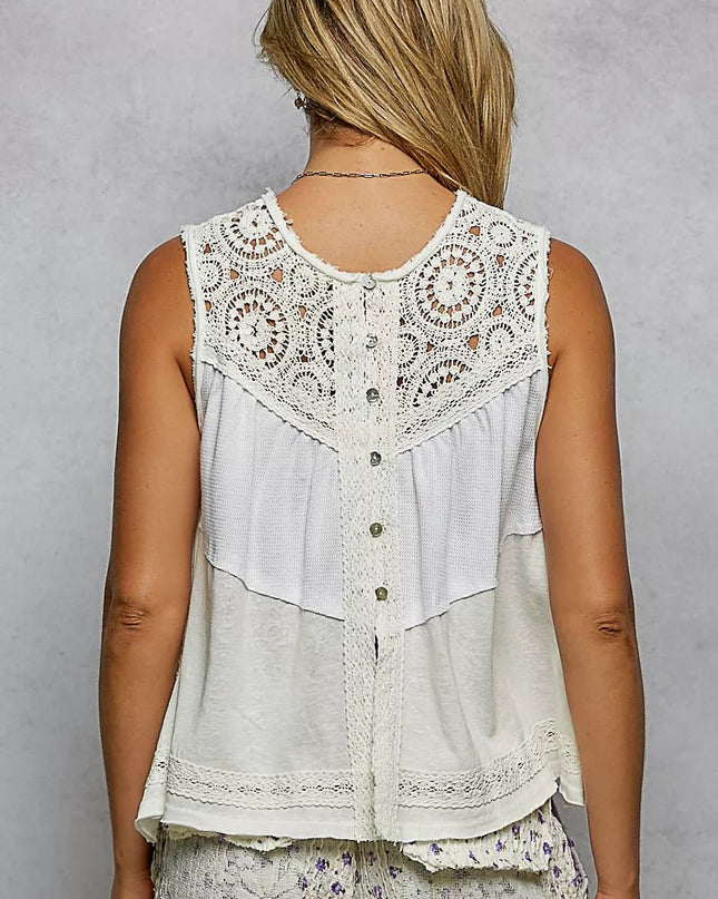 POL Round Neck Sleeveless Top with Crochet Contrast - Sleekdenim.com