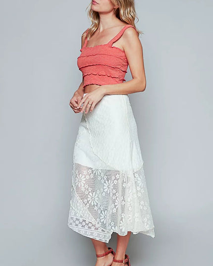 POL Ruffled Floral Lace Skirt with Unbalanced Hem - Sleekdenim.com