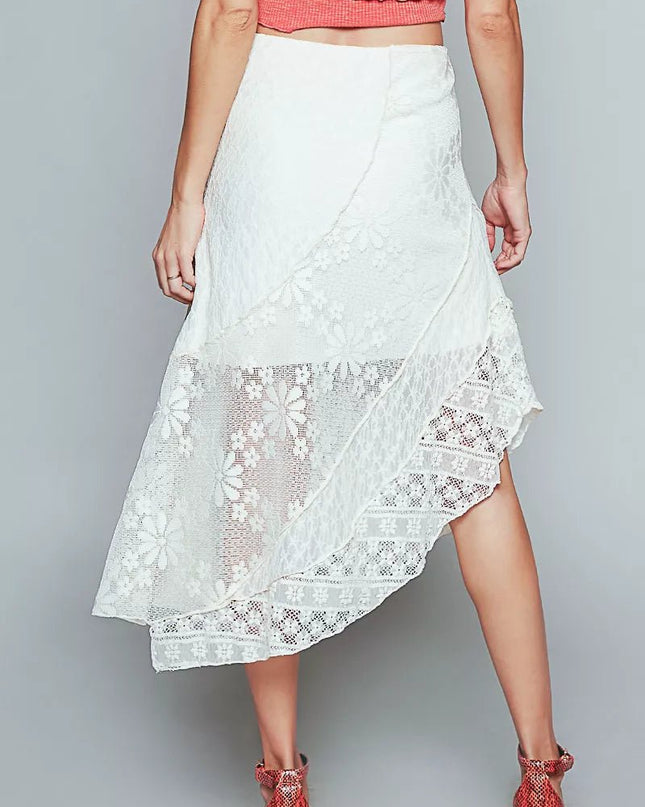 POL Ruffled Floral Lace Skirt with Unbalanced Hem - Sleekdenim.com