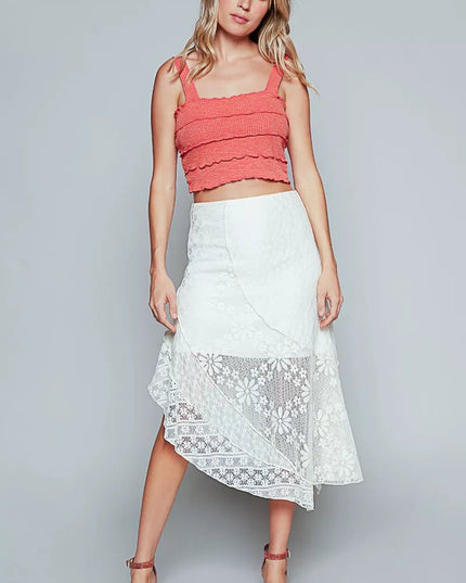 POL Ruffled Floral Lace Skirt with Unbalanced Hem - Sleekdenim.com