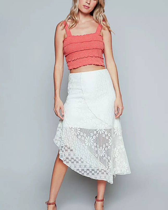 POL Ruffled Floral Lace Skirt with Unbalanced Hem - Sleekdenim.com