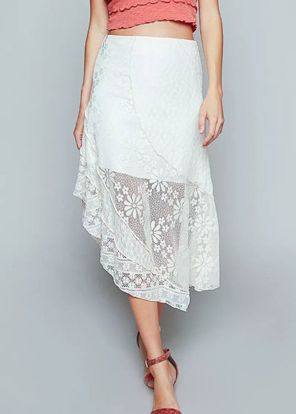 POL Ruffled Floral Lace Skirt with Unbalanced Hem - Sleekdenim.com