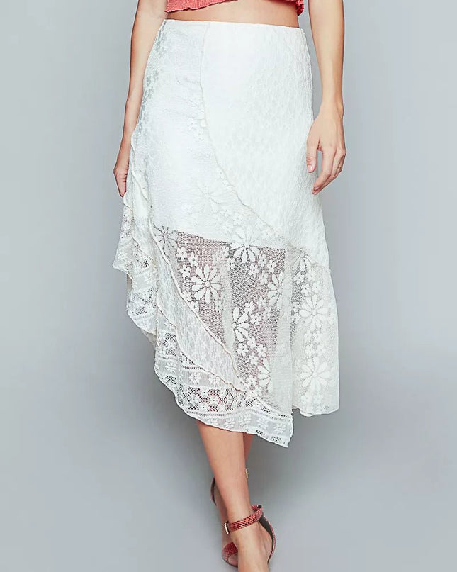 POL Ruffled Floral Lace Skirt with Unbalanced Hem - Sleekdenim.com