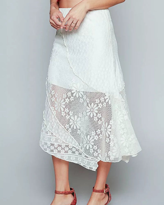 POL Ruffled Floral Lace Skirt with Unbalanced Hem - Sleekdenim.com