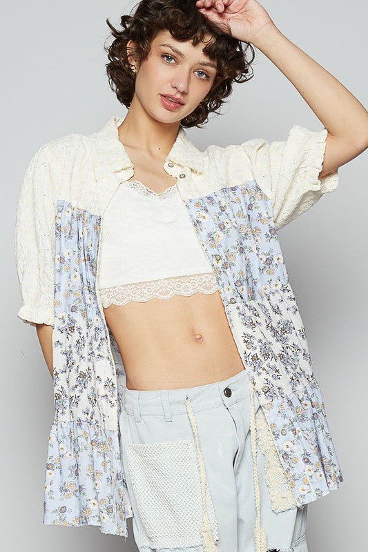 POL Ruffled Hem Floral Button Up Half Sleeve Shirt - Sleekdenim.com